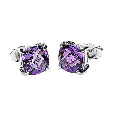 Saline: 6.5ct, 8mm Cushion Cut Amethyst Crystal Stud Earrings Silver - 1000Jewels.com