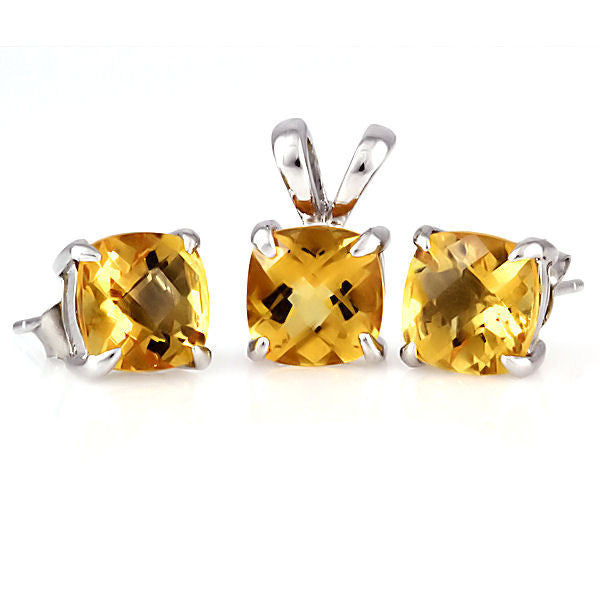 Solstice: Cushion Cut Citrine Crystal Pendant & Earrings Set Silver - 1000Jewels.com