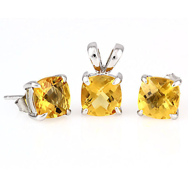 Solstice: Cushion Cut Citrine Crystal Pendant & Earrings Set Silver - 1000Jewels.com