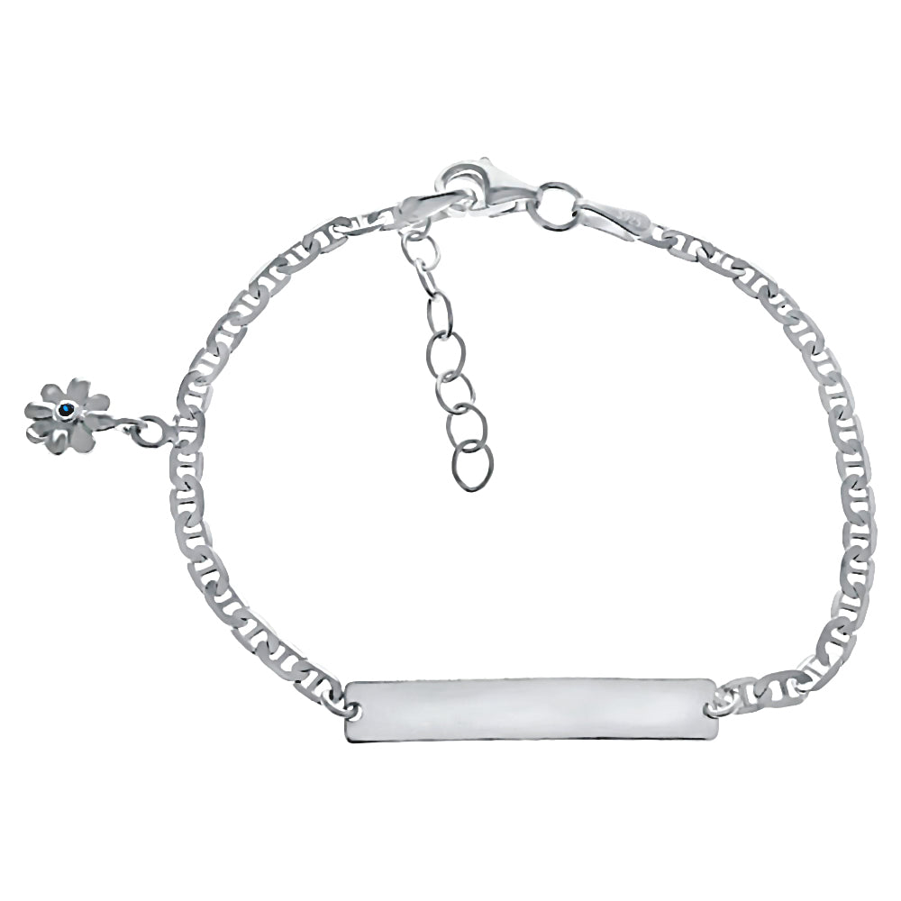 Trustmark Engravable Silver Bar Baby Bracelet with Stacey Flower and Mariner Chain - 1000Jewels.com