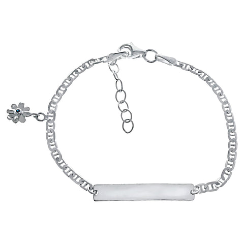 Trustmark Engravable Silver Bar Baby Bracelet with Stacey Flower and Mariner Chain - 1000Jewels.com