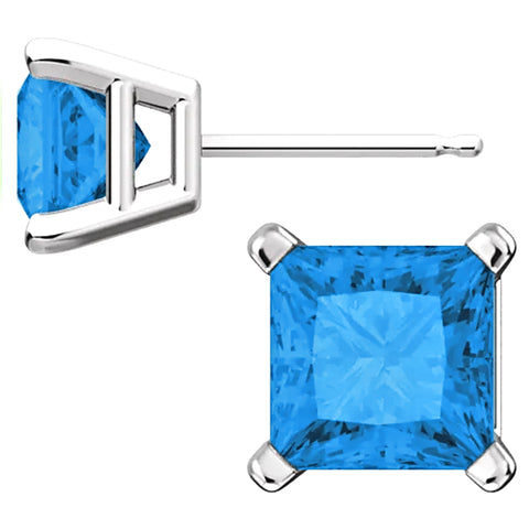 Princess Cut Blue Zircon Ice CZ Basket Set Sterling Silver Stud Earrings - 1000Jewels.com