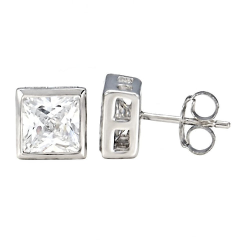 Selena: 6mm, 2.6ct Princess Cut Ice on Fire CZ Bezel Set Sterling Silver Stud Earrings - 1000Jewels.com