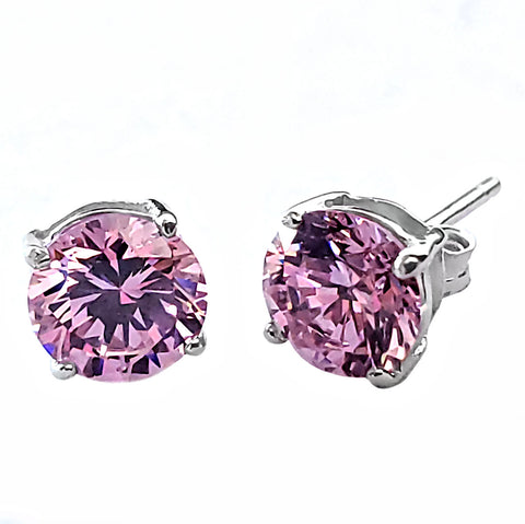 1000 Jewels Brilliant Cut Simulated Pink Tourmaline Ice CZ Silver Stud Earrings - 1000Jewels.com