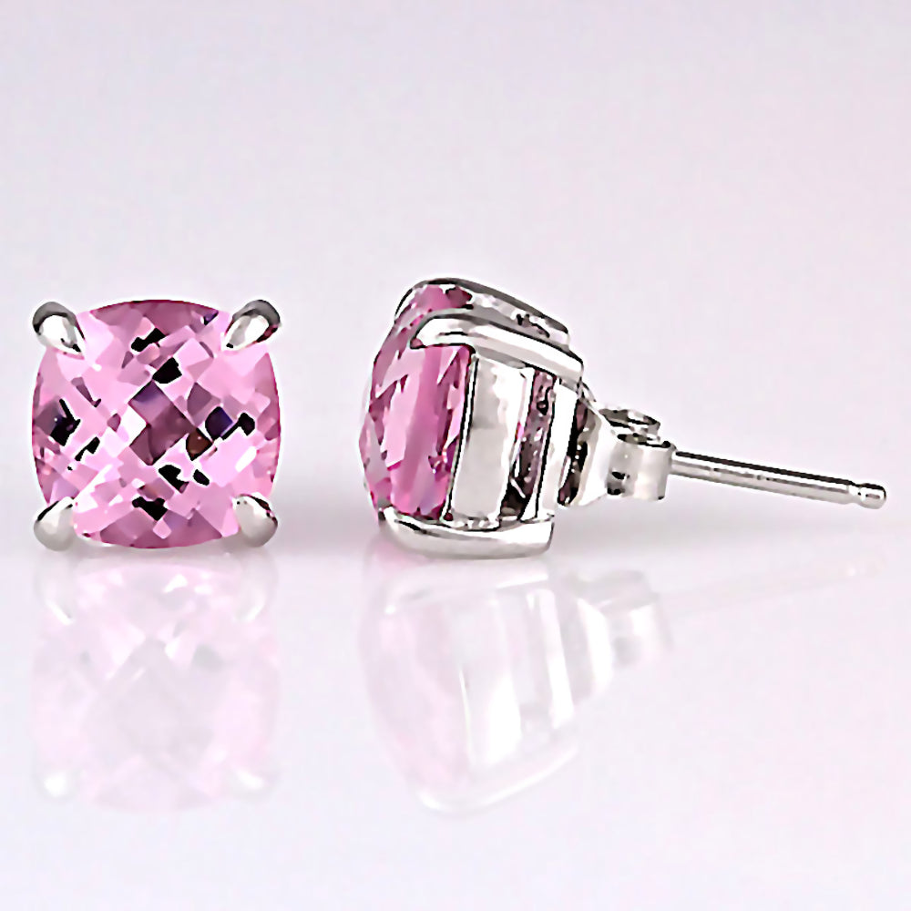 Preslie: 6.5ct, 8mm Cushion Cut Simulated Pink Tourmaline Stud Earrings Silver - 1000Jewels.com
