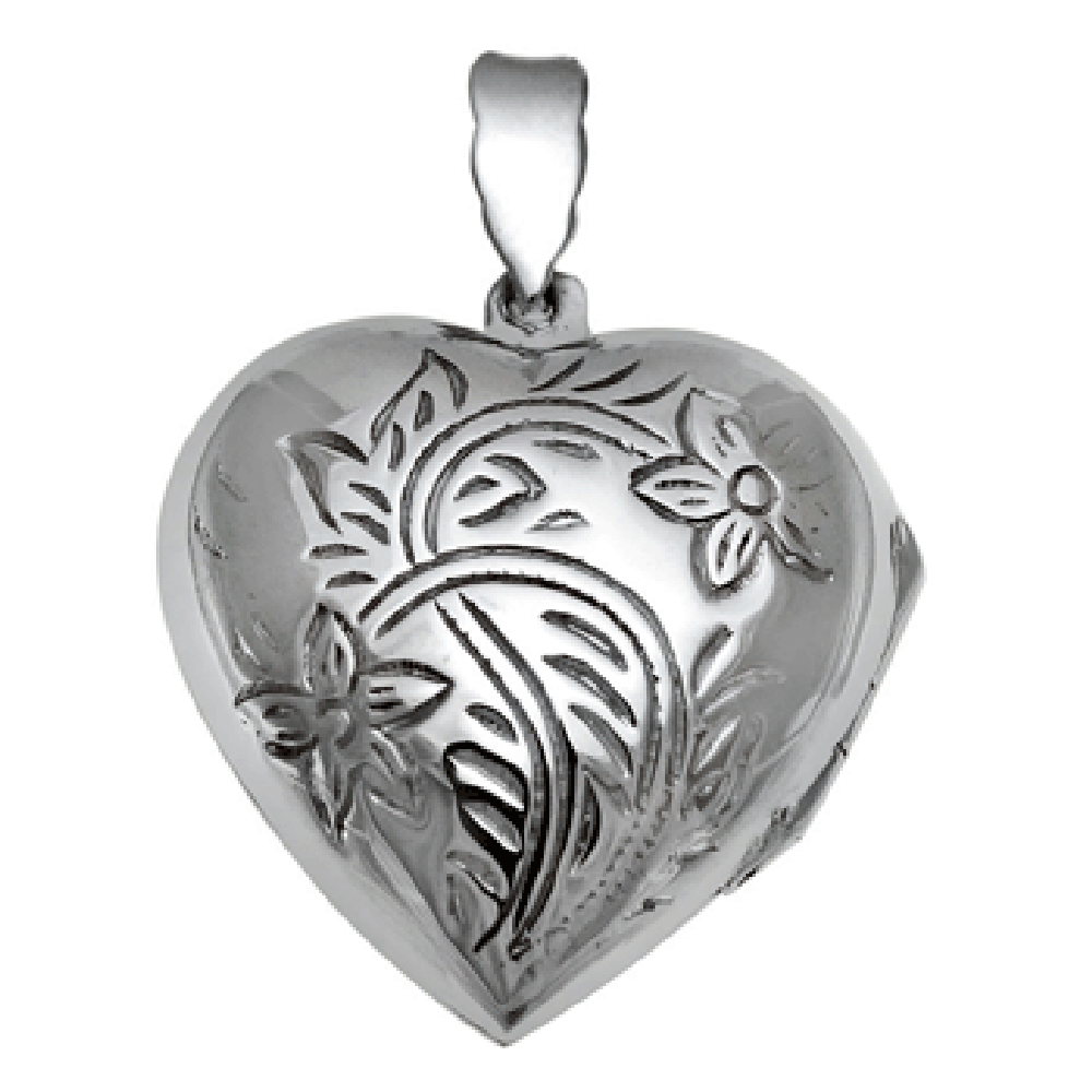 Floral Pattern Engraved Heart Locket Pendant 925 Sterling Silver - 1000Jewels.com