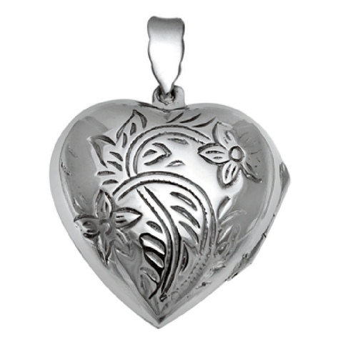 Floral Pattern Engraved Heart Locket Pendant 925 Sterling Silver - 1000Jewels.com
