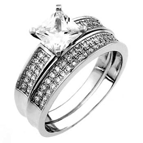 Tristan: 9mm Princess Cut IOF CZ Pave Setting Engagement Ring Set 925 Silver - 1000Jewels.com