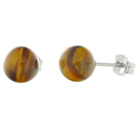 Natural Brown Tigers Eye Ball Stud Earrings 14K White Gold - 1000Jewels.com