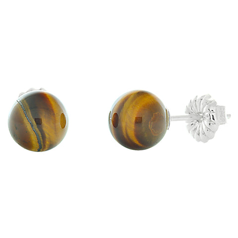 Natural Brown Tigers Eye Ball Stud Earrings 925 Sterling Silver - 1000Jewels.com
