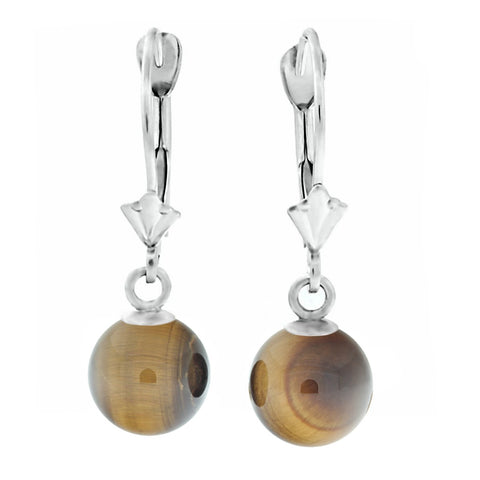 Natural Tigers Eye Round Ball Leverback Earrings 14K White Gold - 1000Jewels.com