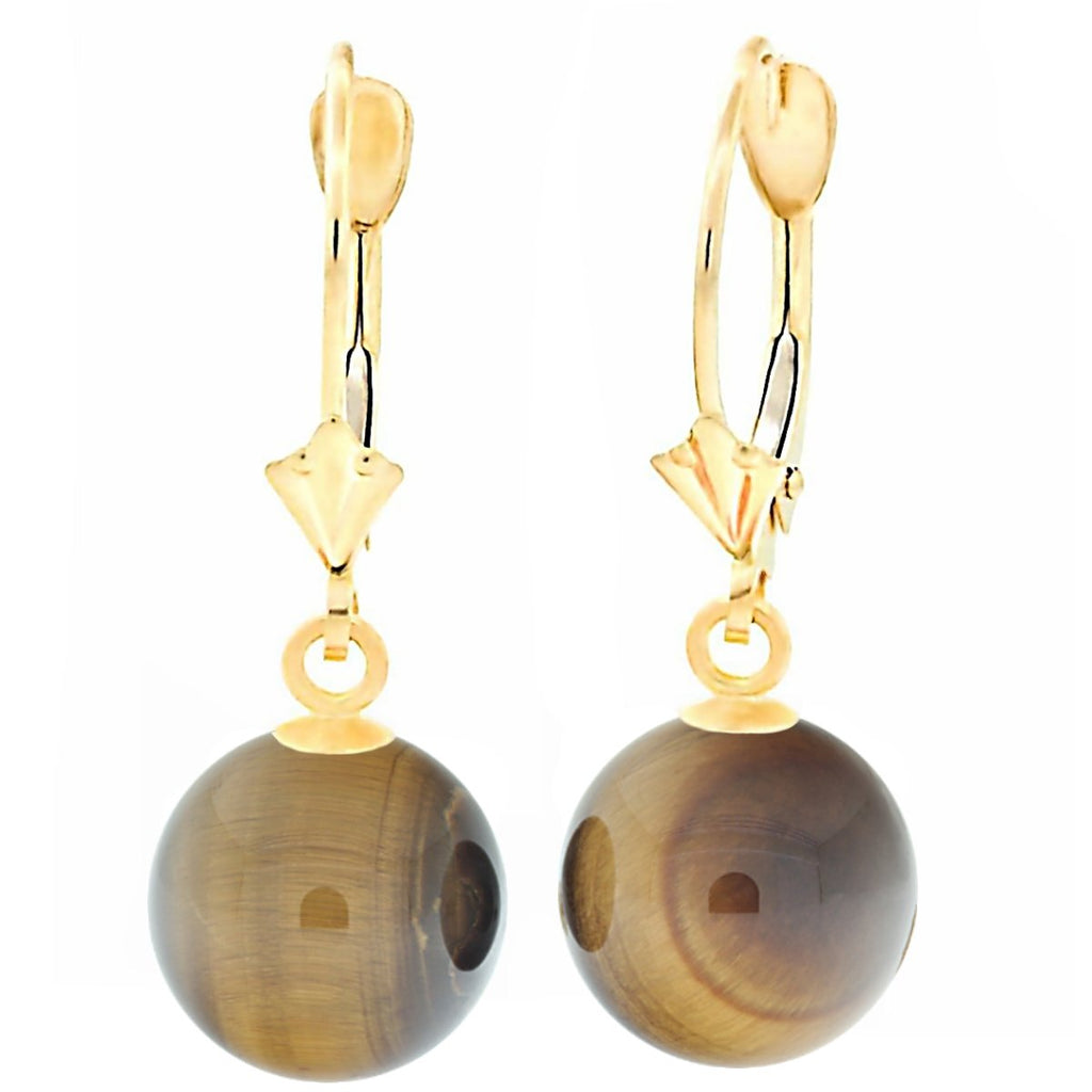 Natural Tigers Eye Round Ball Leverback Earrings 14K Yellow Gold - 1000Jewels.com