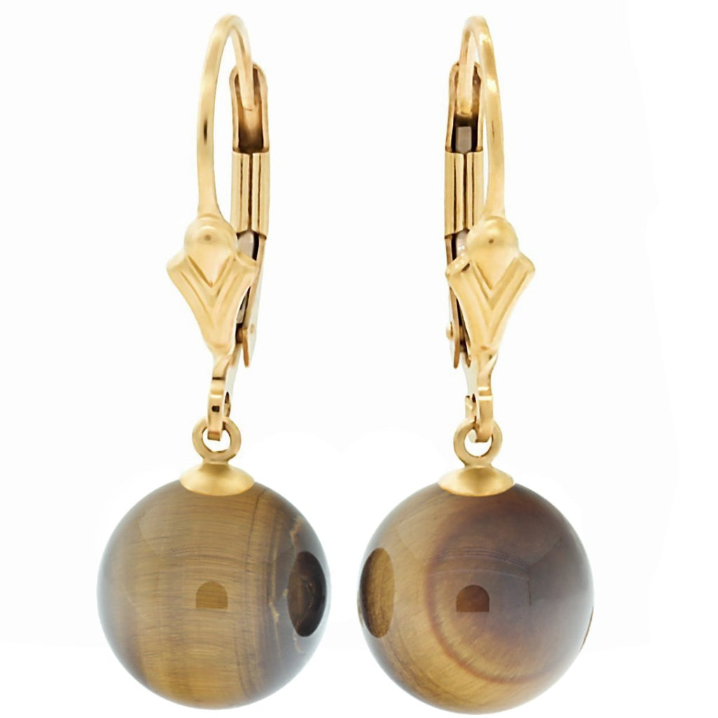 Natural Tigers Eye Round Ball Leverback Earrings 14/20 Gold Filled - 1000Jewels.com