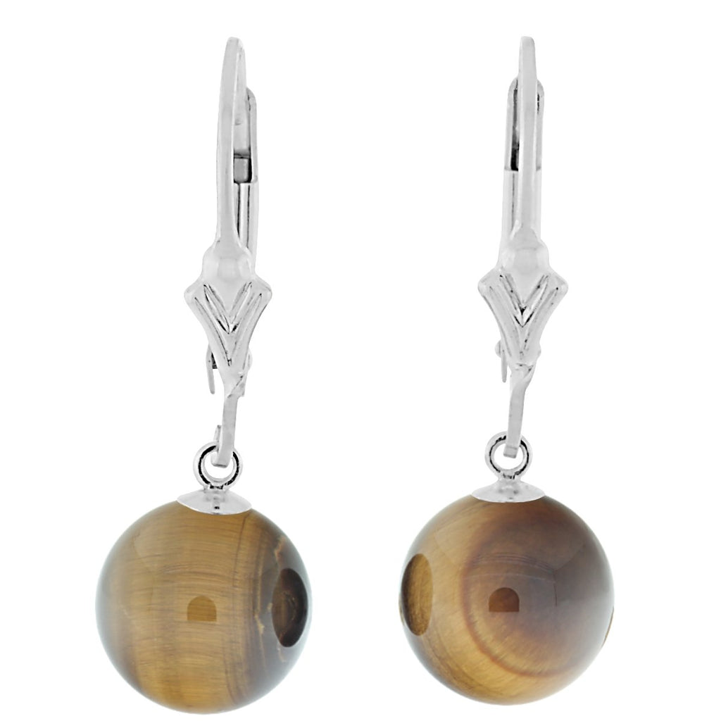 Natural Tigers Eye Round Ball Leverback Earrings 925 Sterling Silver - 1000Jewels.com