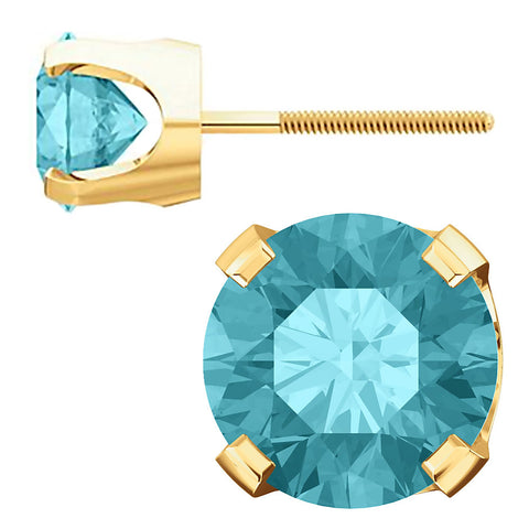Natural Blue Zircon 4-Prong Screw Back Stud Earrings 14K Yellow Gold - 1000Jewels.com