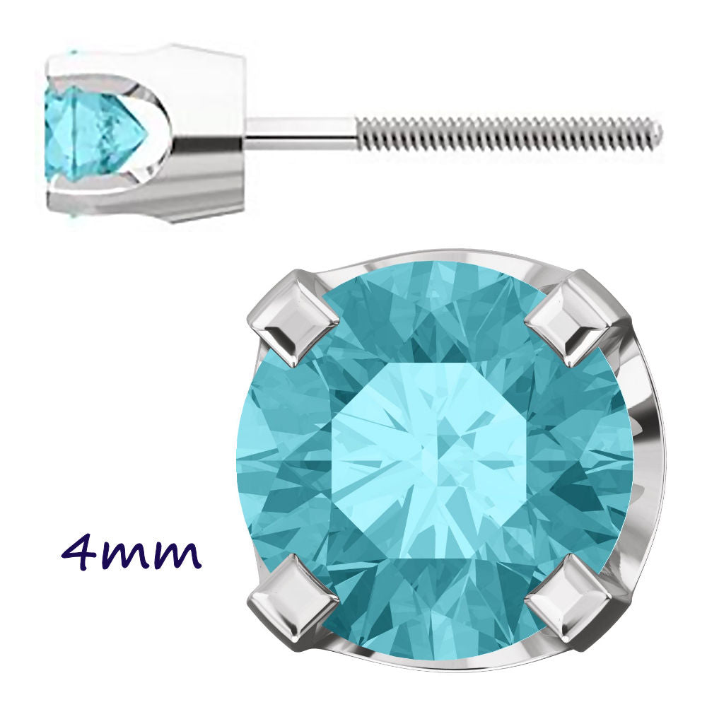 Natural Blue Zircon 4-Prong Screw Back Stud Earrings 14K White Gold - 1000Jewels.com