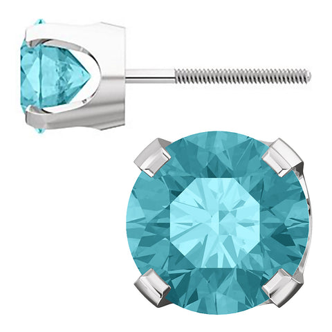 Simulated Blue Zircon 4-Prong Screw Back Stud Earrings 14K White Gold - 1000Jewels.com
