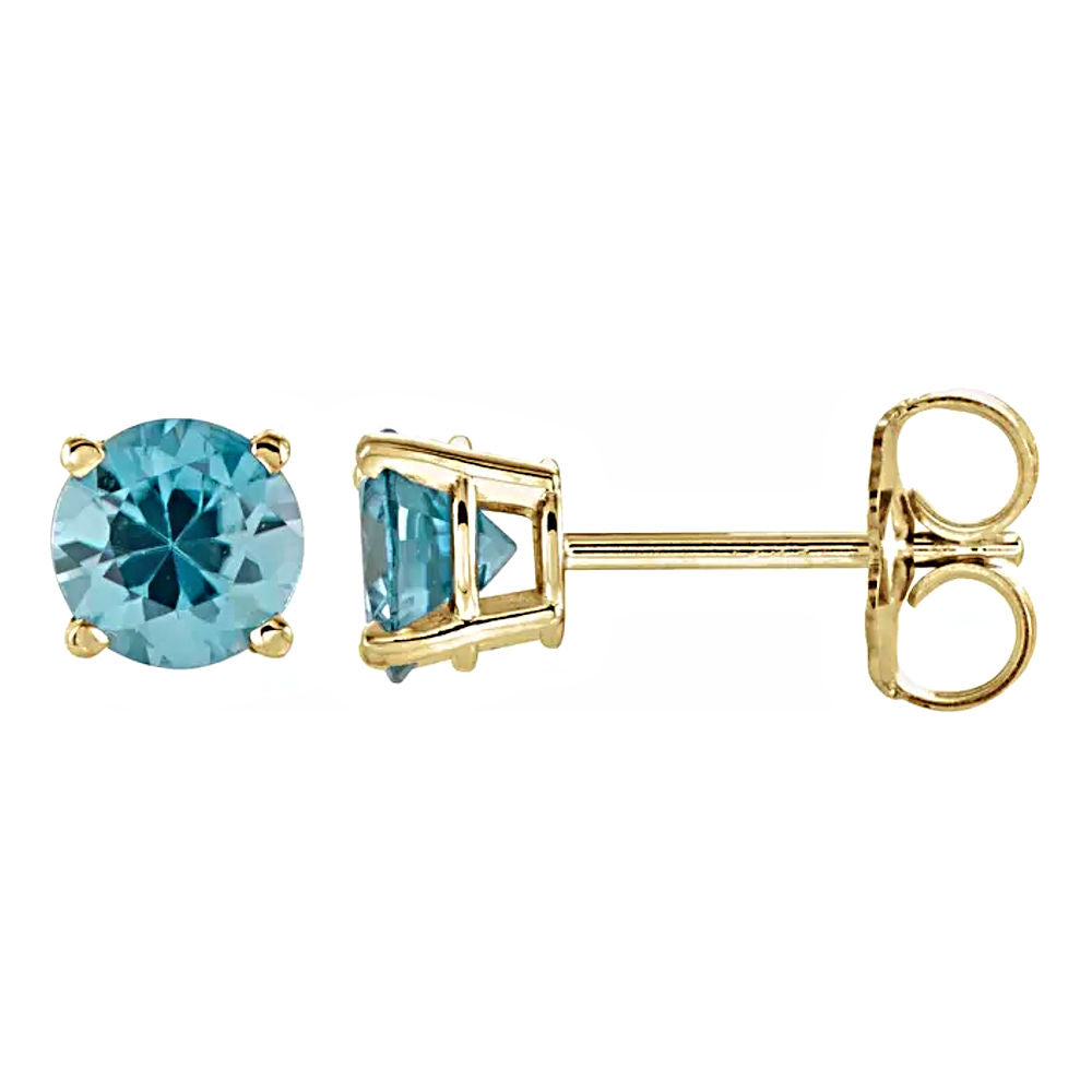 Natural Blue Zircon Cast Basket Stud Earrings 14K Yellow Gold - 1000Jewels.com