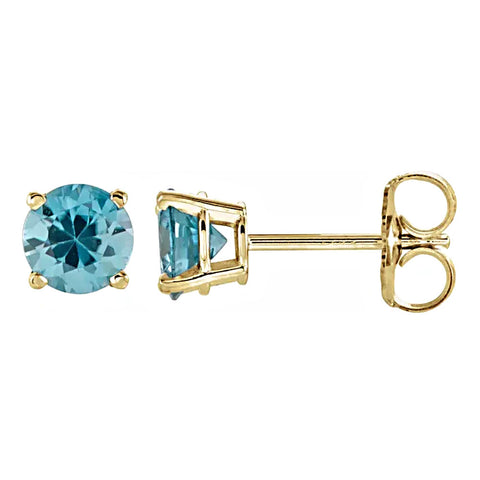 Natural Blue Zircon Cast Basket Stud Earrings 14K Yellow Gold - 1000Jewels.com