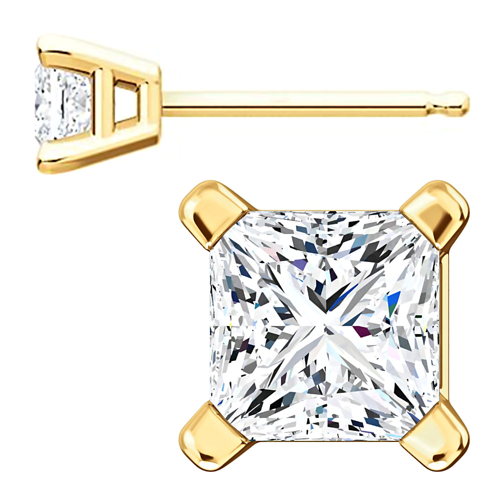 4mm, Princess Cut Ice on Fire Diamond CZ 14K Yellow Gold Cast Basket Stud Earrings - 1000Jewels.com