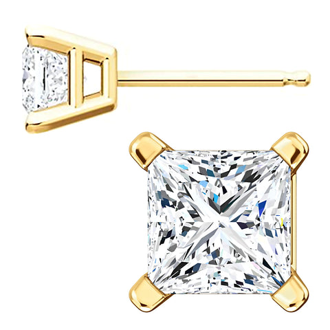 5mm, Princess Cut Ice on Fire Diamond CZ 14K Yellow Gold Cast Basket Stud Earrings - 1000Jewels.com