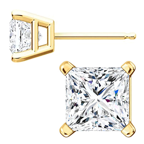 6mm, Princess Cut Ice on Fire Diamond CZ 14K Yellow Gold Cast Basket Stud Earrings - 1000Jewels.com