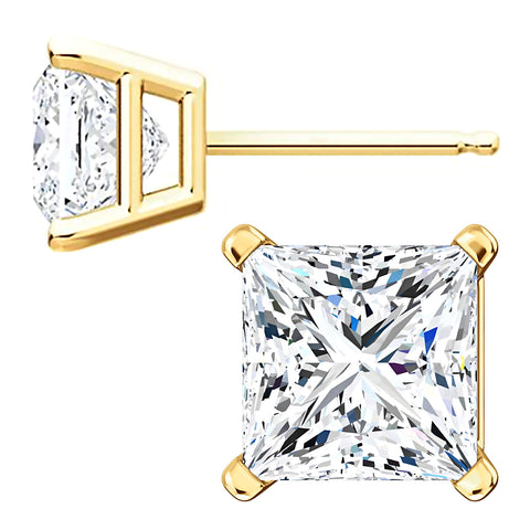7mm, Princess Cut Ice on Fire Diamond CZ 14K Yellow Gold Cast Basket Stud Earrings - 1000Jewels.com