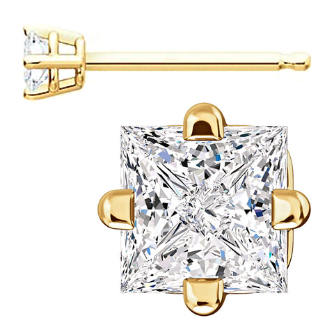 3mm, Princess Cut Ice on Fire Diamond CZ 14K Yellow Gold Side-Set Cast Basket Stud Earrings - 1000Jewels.com