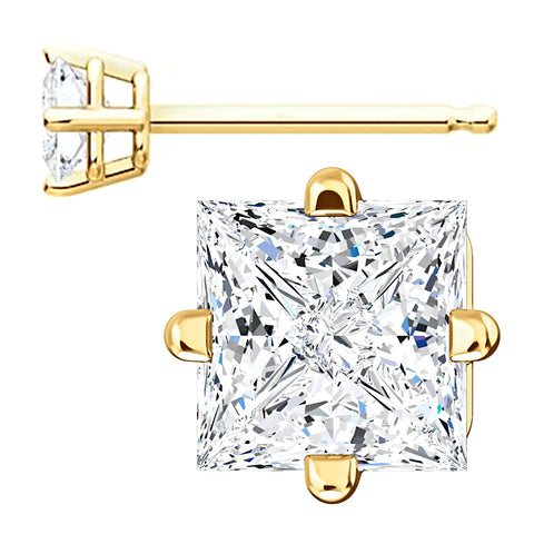 4mm, Princess Cut Ice on Fire Diamond CZ 14K Yellow Gold Side-Set Cast Basket Stud Earrings - 1000Jewels.com