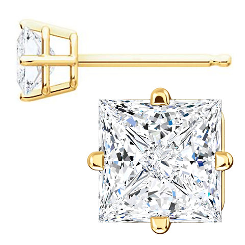 5mm, Princess Cut Ice on Fire Diamond CZ 14K Yellow Gold Side-Set Cast Basket Stud Earrings - 1000Jewels.com