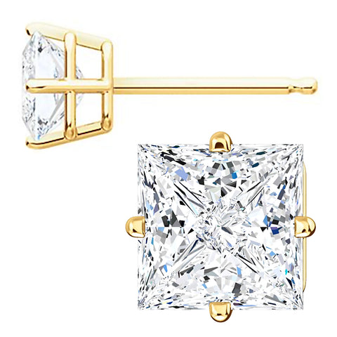 6mm, Princess Cut Ice on Fire Diamond CZ 14K Yellow Gold Side-Set Cast Basket Stud Earrings - 1000Jewels.com