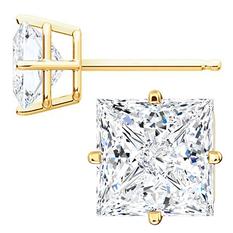 7mm, Princess Cut Ice on Fire Diamond CZ 14K Yellow Gold Side-Set Cast Basket Stud Earrings - 1000Jewels.com