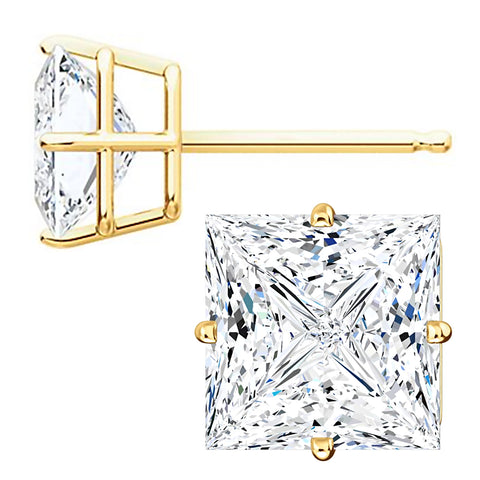 8mm, Princess Cut Ice on Fire Diamond CZ 14K Yellow Gold Side-Set Cast Basket Stud Earrings - 1000Jewels.com