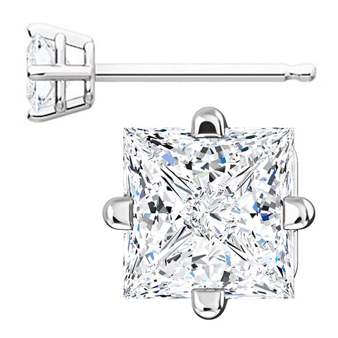 4mm, Princess Cut Ice on Fire Diamond CZ 14K White Gold Side-Set Cast Basket Stud Earrings - 1000Jewels.com