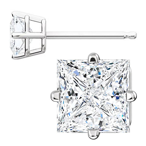 5mm, Princess Cut Ice on Fire Diamond CZ 14K White Gold Side-Set Cast Basket Stud Earrings - 1000Jewels.com
