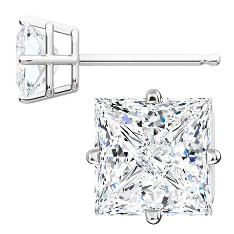 6mm, Princess Cut Ice on Fire Diamond CZ 14K White Gold Side-Set Cast Basket Stud Earrings - 1000Jewels.com