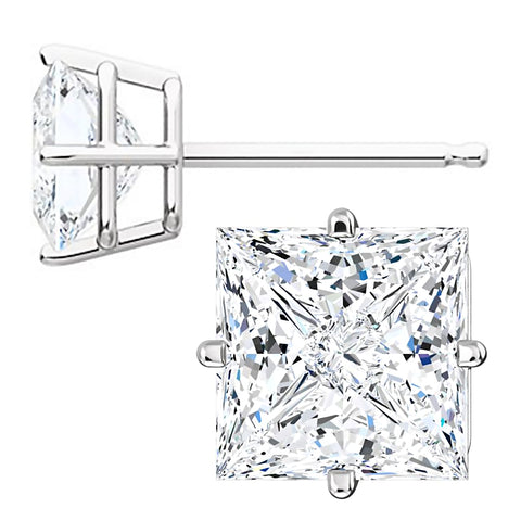 7mm, Princess Cut Ice on Fire Diamond CZ 14K White Gold Side-Set Cast Basket Stud Earrings - 1000Jewels.com