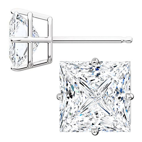 8mm, Princess Cut Ice on Fire Diamond CZ 14K White Gold Side-Set Cast Basket Stud Earrings - 1000Jewels.com