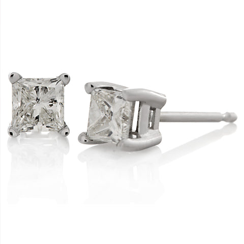 Princess-Cut White Diamond 14K Gold Stud Earrings Basket Setting G-H I1 - 1000Jewels.com
