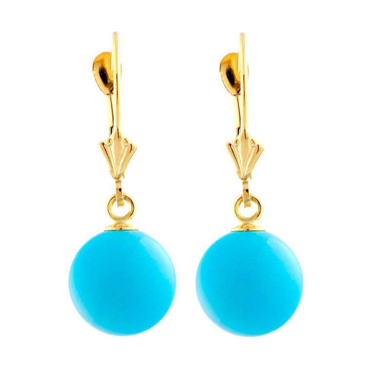 10mm Sleeping Beauty Turquoise Ball Drop Leverback Earrings 14K Gold 