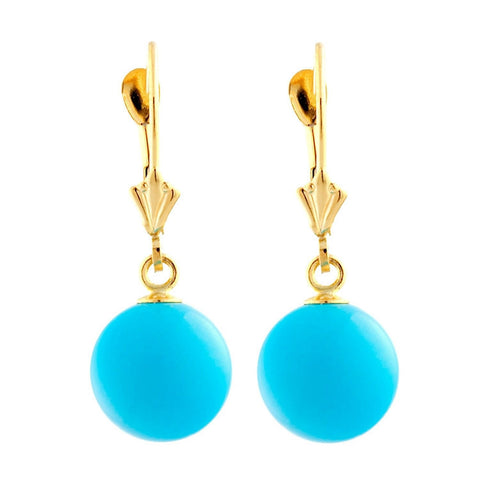 10mm Sleeping Beauty Turquoise Ball Drop Leverback Earrings 14K Gold - 1000Jewels.com