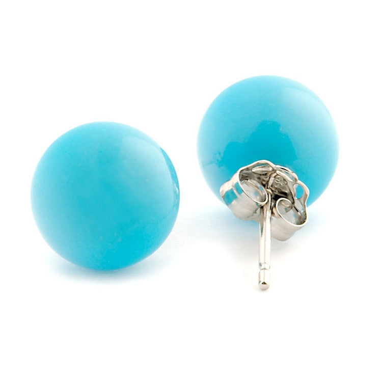 8mm Sleeping Beauty Turquoise Ball Stud Earrings 14K White Gold - 1000Jewels.com