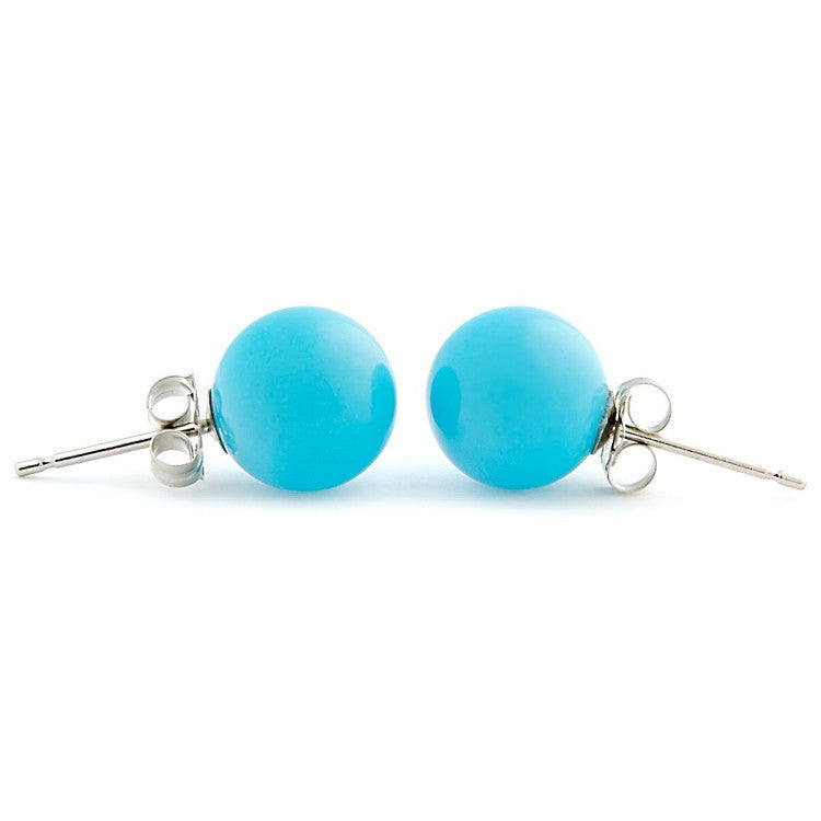 8mm Sleeping Beauty Turquoise Ball Stud Earrings 14K White Gold - 1000Jewels.com