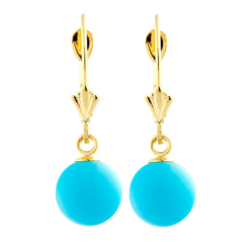 8mm Sleeping Beauty Turquoise Ball Drop Leverback Earrings 14K Gold - 1000Jewels.com