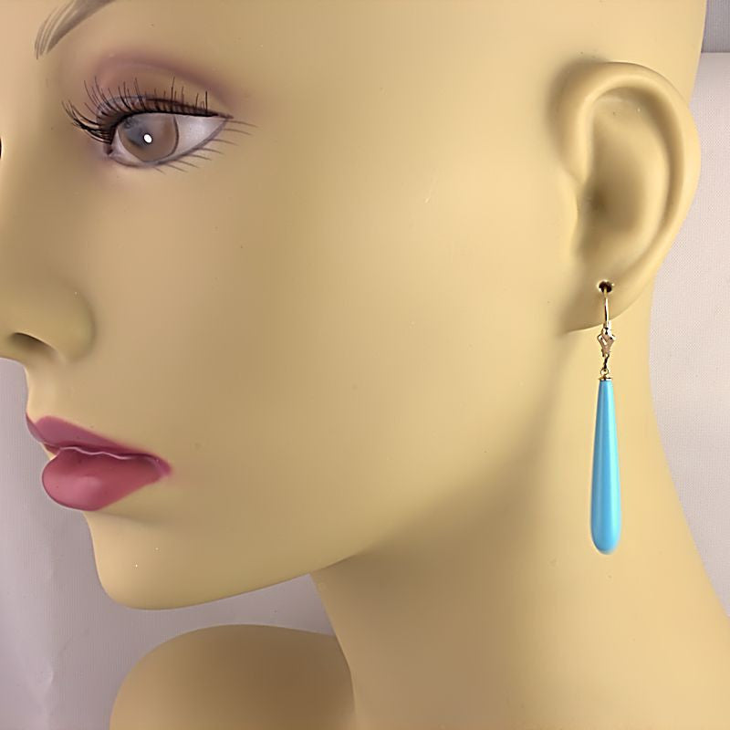 35mm Turquoise Teardrop Lever Back Earrings 14K Yellow Gold - 1000Jewels.com