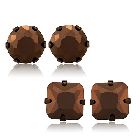 Vivian: Brown Ice CZ Square and Round Two Set Earrings 316 Stainless Steel - 1000Jewels.com
