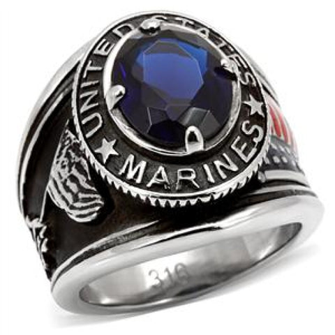 Marines: Simulated Sapphire Military Mens Ring 316 Stainless Steel - 1000Jewels.com