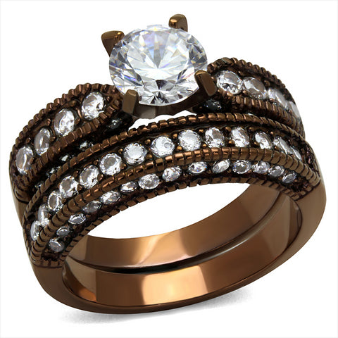Caelan: IOF CZ 2 Piece Wedding Ring Set 316 Stainless Steel Brown Tone - 1000Jewels.com