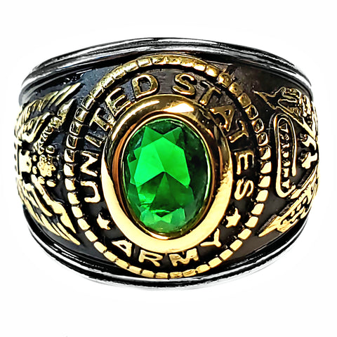 Unisex Simulated Emerald US Army Two-Tone Stainless Steel Ring - 1000Jewels.com