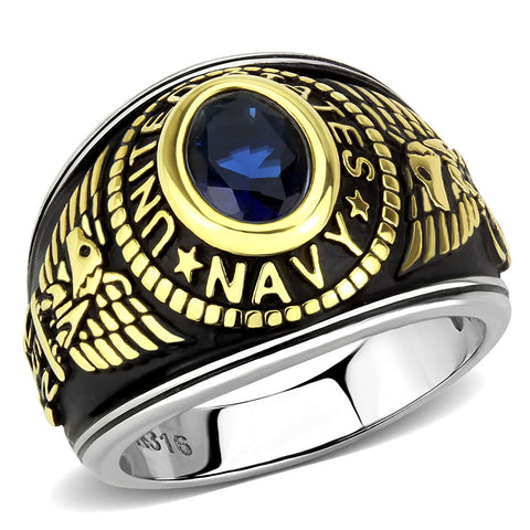 Unisex Simulated Blue Sapphire US Navy Two-Tone Stainless Steel Ring - 1000Jewels.com